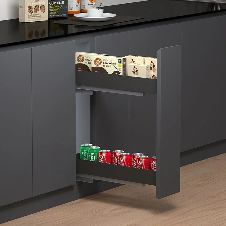 side mounted bottle pull out kitchen cabinet with gray finish